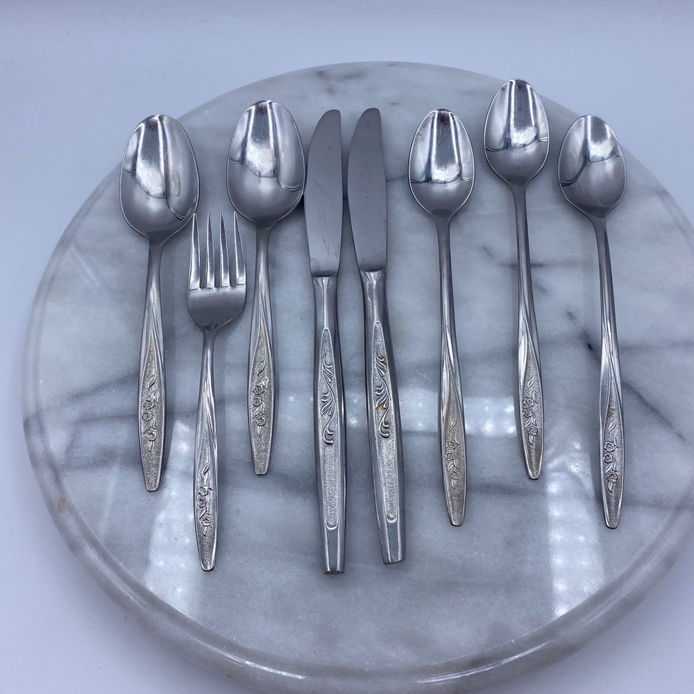Superior Stainless USA Mixed Flatware 8pc‎ Set Radiant Rose Pattern Silver MCM